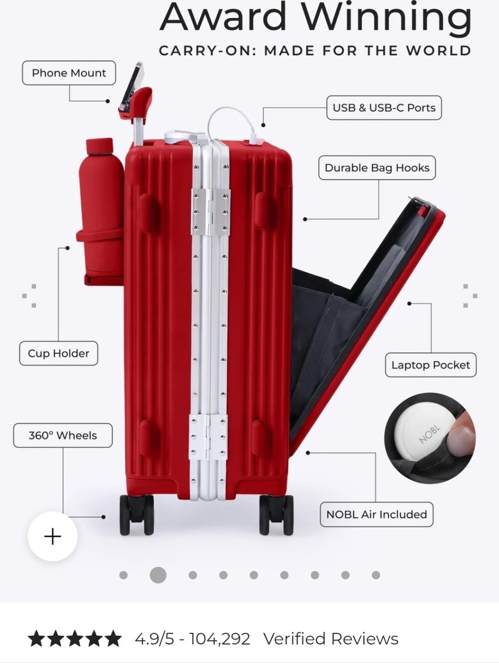 Award-winning NOBL Hardside Carry-On Luggage - Premium Travel Spinner - Red - Picture 4 of 9